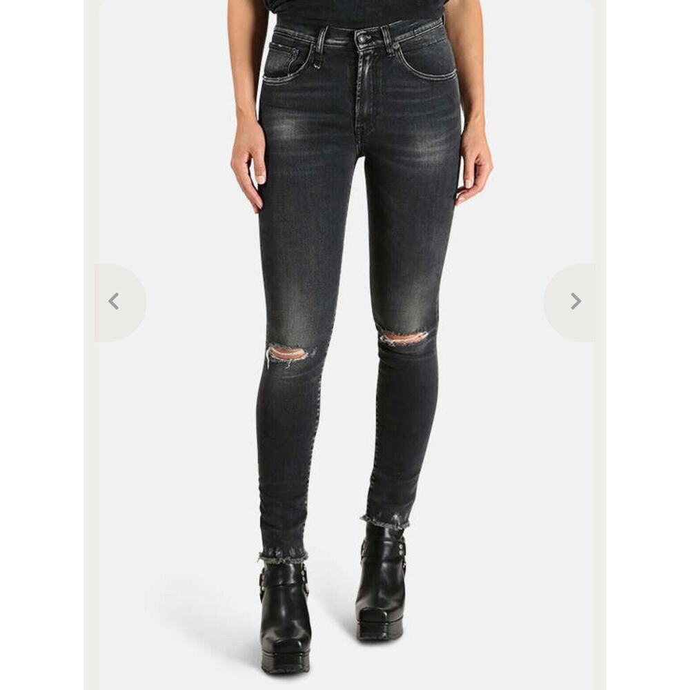 R13 High Rise Aiden Black Stone Wash Skinny Jeans Distressed Knees & Hem Size 26